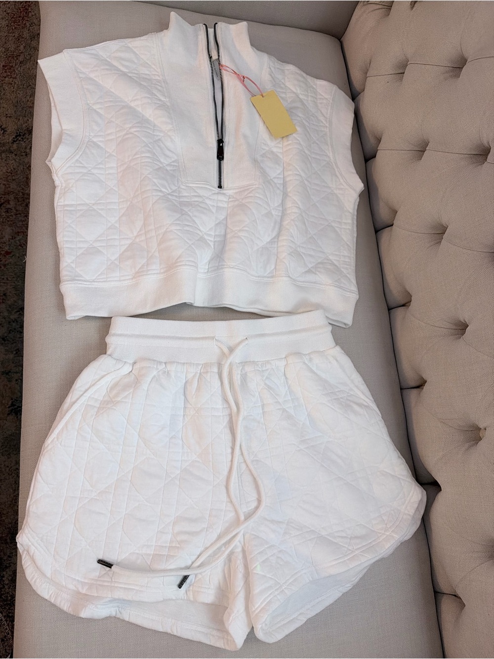 entro White Quilted Sleeveless Zip Cropped Top and Shorts Set
